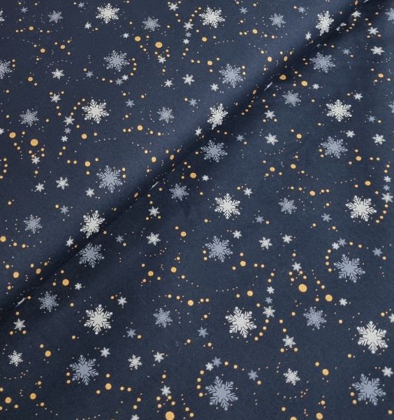Baumwolle Weihnachten nachtblau mit silbernen und blauen Schneekristallen und goldenen Punkten