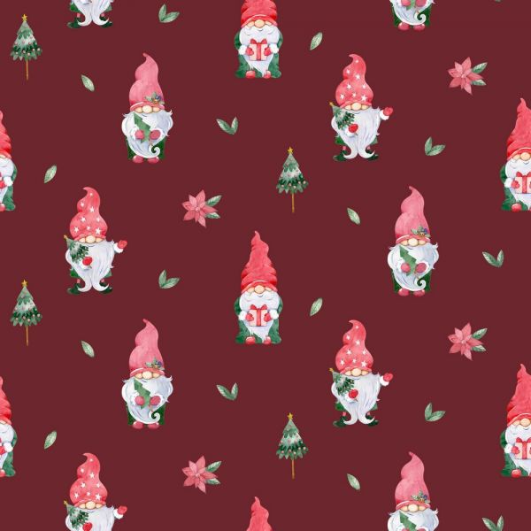 Baumwolle Poplin Digital Weihnachten Christmas Gnomes weinrot